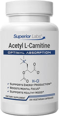 Superior Labs Acetyl L-Carnitine 500 mg High Potency ALCAR Pure Non-GMO Zero Synthetic Additives Maximum Absorption Energy &amp Fat Metabolism Brain Nerve &amp Cellular Detox Support (200 Ve