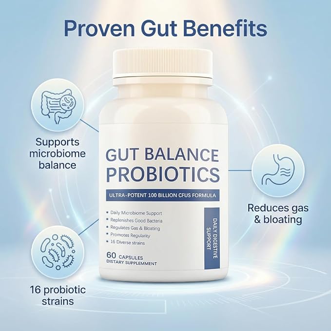 Gut Balance Probiotics 100 Billion CFU Capsules Suitable for Adults - 16 Diverse Strains Daily Digestive and Immune Support Relieves Gas Bloating &amp Promotes Regularity - 60 Vegan Capsules
