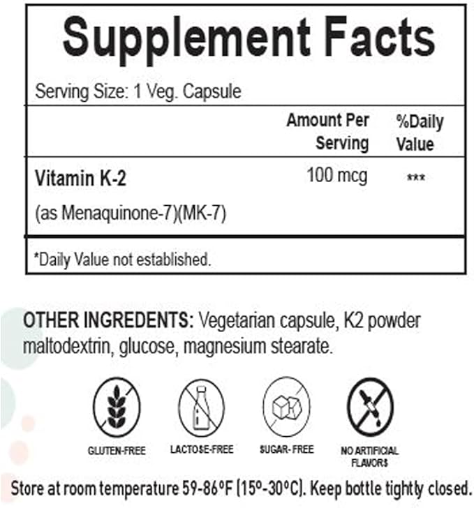 H4U Vitamin K-2 (MK7) Veg Capsules Support Bone Health 100 mcg 60 Count