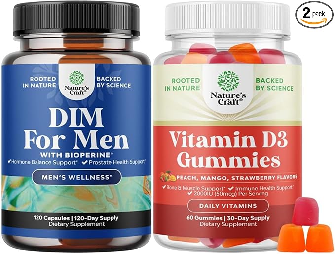 Bundle of DIM Supplement for Men - Diindolylmethane Testosterone Complex with Panax Ginseng Bioperine and Vitamin D3 Gummies for Daily Wellness with 2000IU per Serving Bone Muscle &amp Immune Support
