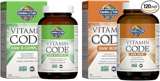 Garden of Life Vitamin B Complex 120 Vegan Capsules and Vitamin Code Raw Iron 30 Count Capsules Bundle