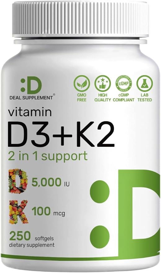 DEAL SUPPLEMENT Vitamin D3 5000 IU + K2 MK7 Softgels 250 Count | 2-in-1 Complex | Easy to Swallow