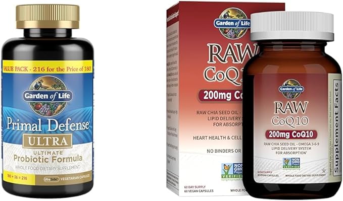 Garden of Life Probiotic Primal Defense Ultra 216 Capsules and Omega 3 6 9 CoQ10 60 Capsules Supplement Bundle