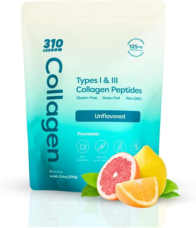 310 Nutrition Hydrolyzed Collagen Peptides Powder for Women &amp Men - Grass-Fed Collagen Supplement w/Hyaluronic Acid Resveratrol Vitamin CD &amp E for Skin Hair and Nails - 30 SRV Unflavored