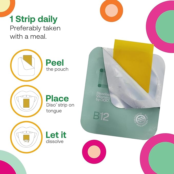 DISO - Vitamin B12 - Fast-Dissolving Oral Strips for Tiredness and Fatigue Orange Mint Flavor Vegan Sugar Free Maximum Absorption Gluten Free Individually Wrapped 30 Dissolvable Strips