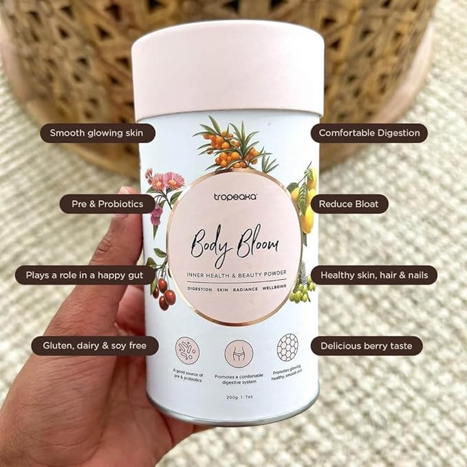 Tropeaka Body Bloom - Superfood Beauty Supplement Supports Collagen Production for Glowing Skin Hair &amp Nails Prebiotic &amp Probiotics Vegan Dairy Free Gluten Free Non-GMO 18oz (28 Servin