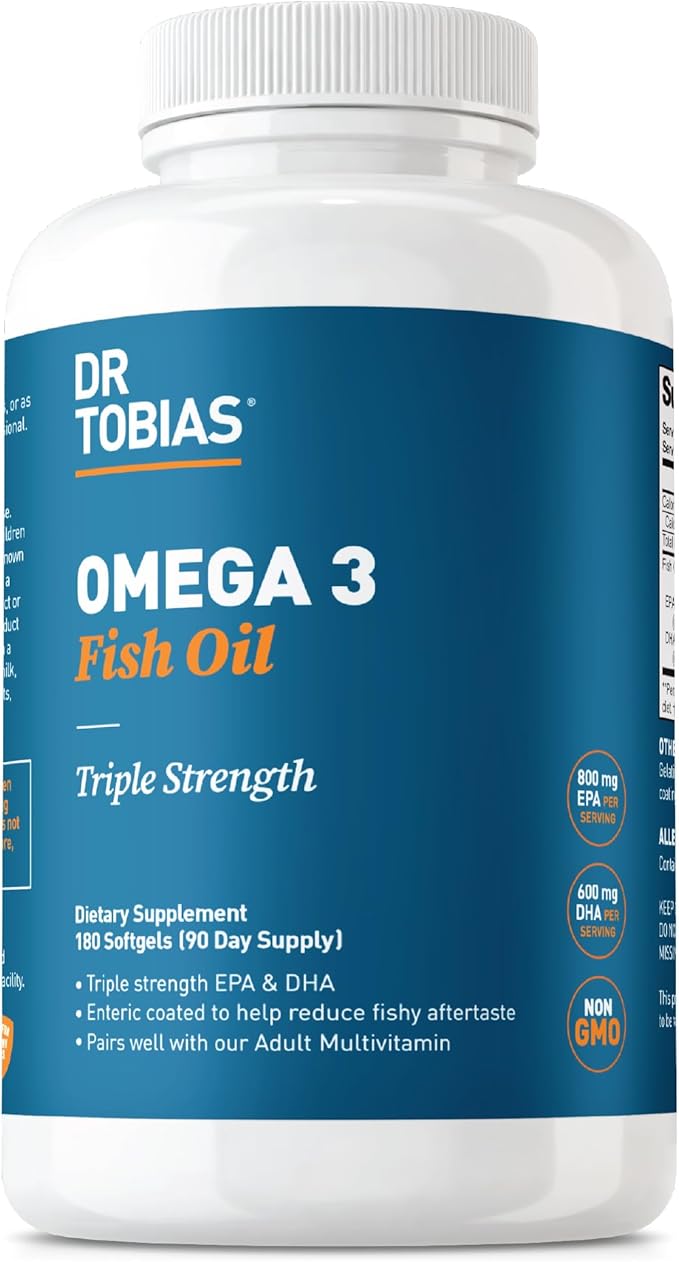 Dr. Tobias Omega 3 Fish Oil 2000mg Triple Strength with 800mg EPA 600mg DHA Per Serving | Fish Oil Omega 3 Supplements for Heart Brain &amp Immune Support - 180 Softgels (90 Servings)
