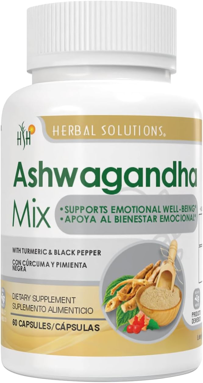 Herbal Solutions Ashwagandha Mix - Natural Stress Nutrition Support &amp Energy Nutrition Support Supplement with Turmeric - 60 Vegan Capsules for Mental Clarity and Focus