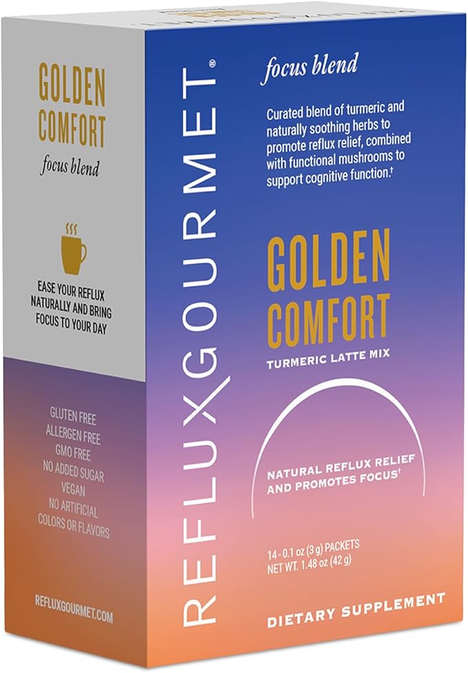 REFLUX GOURMET Golden Comfort Focus Blend–Natural Reflux Relief &amp Cognitive Boost–Turmeric Latte with Lion’s Mane Turkey Tail Red Reishi Chaga and Cordyceps–Max Absorption Curcuminoids–14 ct