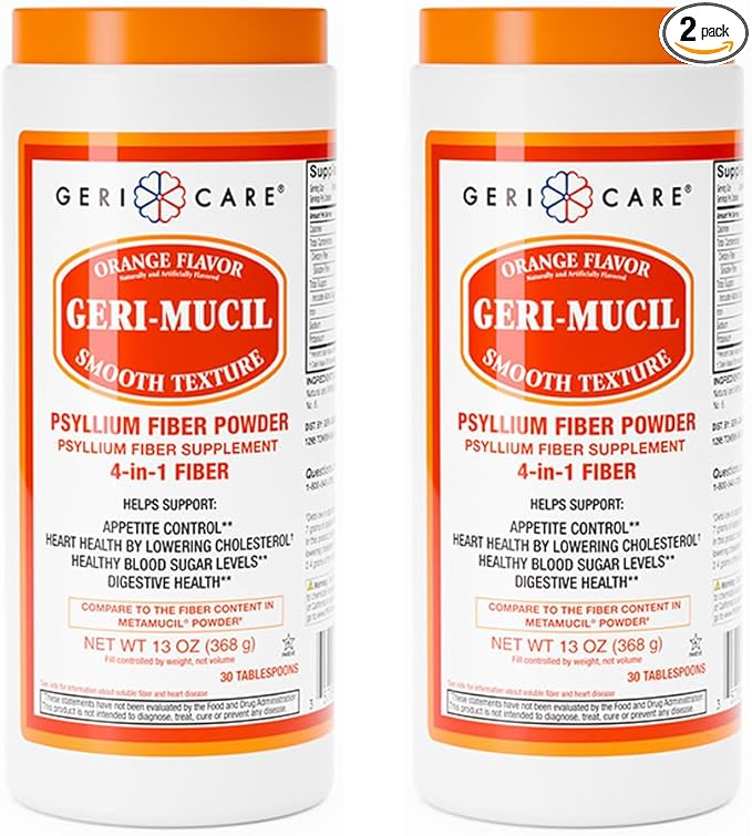 GeriCare Geri-Mucil Psyllium| 4-In-1 Orange-Flavor Psyllium Husk Powder| Daily Fiber Supplement| Sweetened Gluten-Free Fiber Drink Mix| Water-Soluble Husk Fiber Powder For Bowel Movement|13oz (2 Pack)