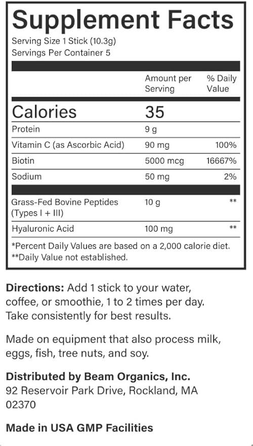 Beam Collagen Powder Collagen for Women Collagen with Hyaluronic Acid Collagen Peptides Type 1 and 3 with Biotin Grass Fed Bovine Third-Party Tested Best for Coffee Vitamin C 5 Servings
