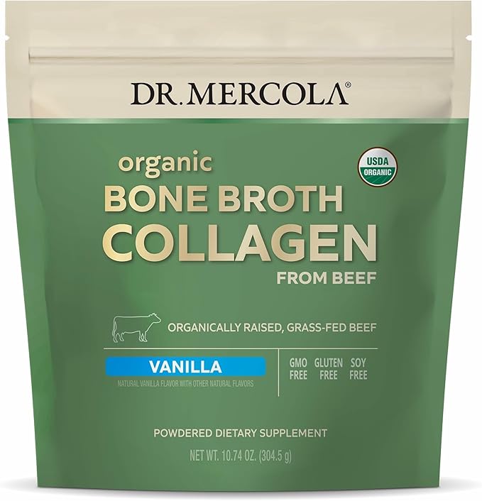 Dr. Mercola Organic Bone Broth Collagen Powder - Supports Bone Health &amp Muscle Growth - USDA Organic Non-GMO Gluten-Free &amp Dairy-Free - 30 Servings - Vanilla Flavor