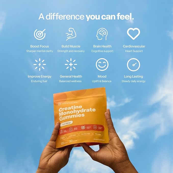 Creapure Creatine Gummies 5g + Taurine &amp B12 - Sugar-Free Vegan Gluten-Free - Citrus Mango - 120 Count (30 Servings) for Strength Energy &amp Focus