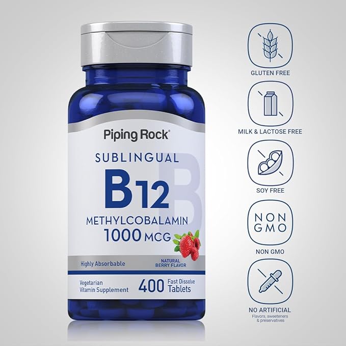 Piping Rock Vitamin B12 Sublingual Tablets | 1000 mcg | 400 Pills | Methylcobalamin Supplement for Women and Men | Berry Flavor | Vegetarian Non-GMO Gluten Free