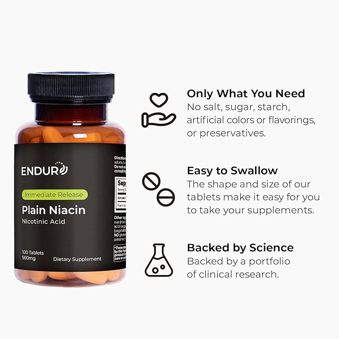 Endur Plain Niacin (Nicotinic Acid) Heart Health &amp Healthy Cholesterol Balance Supplement Immediate-Release Formula Gluten Free 500mg (100 Tablets)