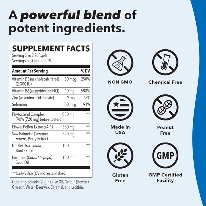 Pros-T - Prostate Support Supplement - Saw Palmetto Phytosterol Zinc Nettle Vitamin D-3 &amp B6 - Promote Healthy Prostate Function &amp Normal Urinary Flow - Improve Tissue Integrity - 60 Softg