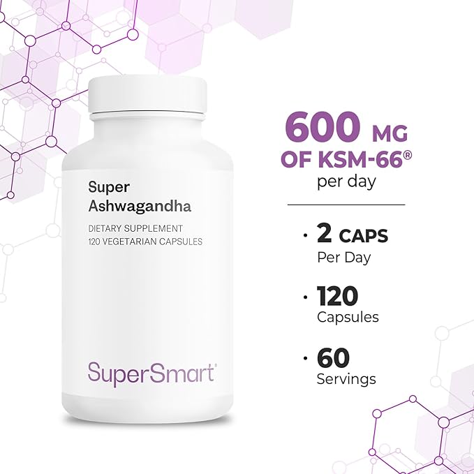 SuperSmart Super Ashwagandha 600mg per Day (Patented) - KSM-66 Ashwagandha - High Potency 5% Withanolides | Non-GMO &amp Gluten Free - 120 Vegetarian Capsules