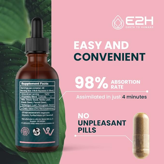 E2H Breastfeeding Supplement and Lactation Support - Liquid Lactation Supplement - Contains Fenugreek Milk Thistle Fennel and More - No Alcohol - Vegan - 2 Fl Oz