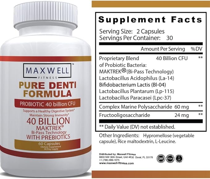 Pure Denti Pro Formula Probiotic 40 Billion CFU with Prebiotics Dental Health Bad Breathe Solution 60 Capsules 30 Day Supply (1)