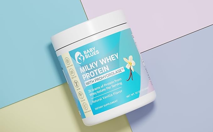 Baby Blues Lactation Protein Powder for Breastfeeding Moms | 26g Whey Protein Isolate | Breastfeeding Safe Postpartum Protein with Sunflower Lecithin &amp ProHydrolase | Fenugreek Free | Vanilla