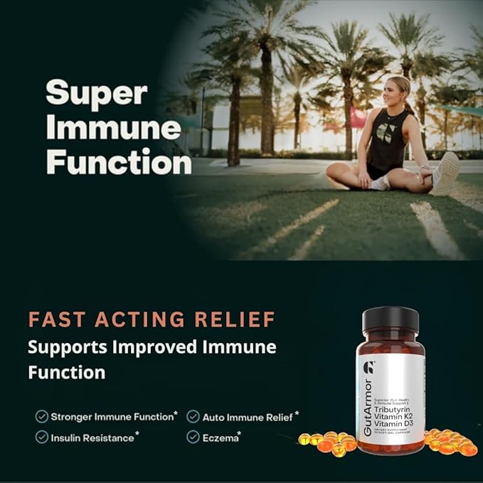 GutArmor Gut &amp Heart Health + Immune Support | 3 Month Supply | 90 Soft Gel Capsules | Pure Butyrate 350mg &amp Vitamin D3 2000IUs &amp Vitamin K2 120mcg | Heart Health | Gastrointestinal Suppor