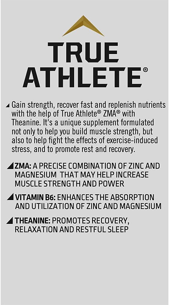True Athlete ZMA + L Theanine Capsules Zinc Magnesium and Vitamin B6 Supplement for Active Men and Women Supports Recovery and Relaxation Gluten Free Sugar Free 90 Capsules