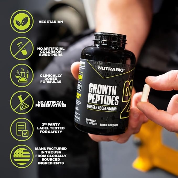 NutraBio Growth Peptides |Muscle Accelerator with DiLeucine &amp PeptiStrong | Peptides for Muscle Growth Men &amp Women- 28 Servings- 196 Capsules