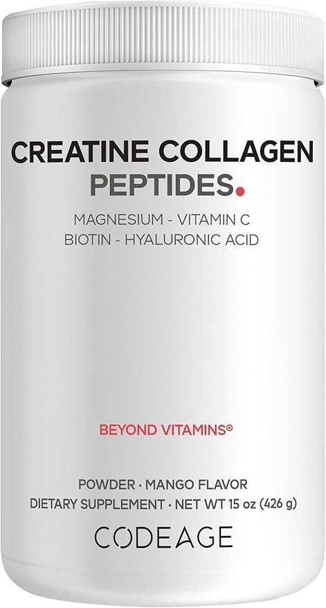Codeage Creatine Collagen Peptides - Creatine Monohydrate Powder Supplement Wild-Caught Marine Collagen Biotin Magnesium Vitamin C Hyaluronic Acid - Mango Flavored - Non-GMO - 15 Oz