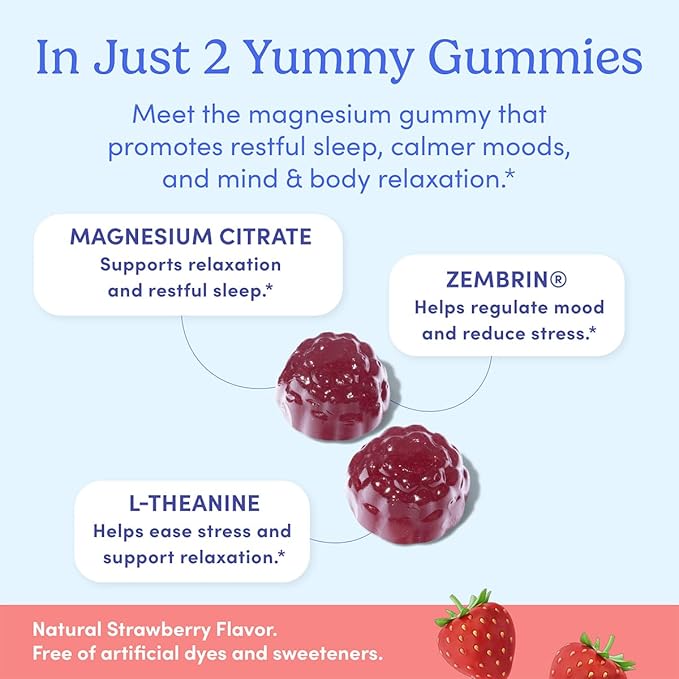 FIRST DAY Kids &amp Womens' Calming Magnesium Gummies (Strawberry) | Rest &amp Energy Bedtime Supplement | Balanced Mood | No Melatonin | Clean Label Project Verified® | Vegan Non-GMO | 30-Day Supp