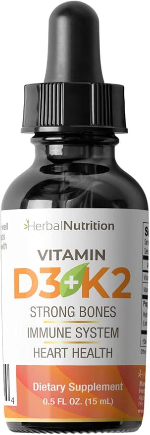 Herbal Nutrition Organic Vitamin D3 K2 Drops – 5000 IU D3 + 63mcg MK7 K2 – 270 Servings Vegan Liquid Supplement Superior Delivery – Bone Heart Immune &amp Mood Support – Peppermint Flavor