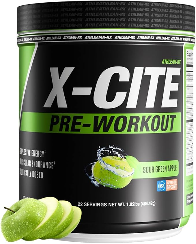 X-CITE Pre-Workout by ATHLEAN-X - Enhanced Formula with Beta-Alanine Creatine &amp Caffeine for Ultimate Energy Endurance Focus &amp Muscle Pump NSF Certified for Sports (Sour Green Apple)