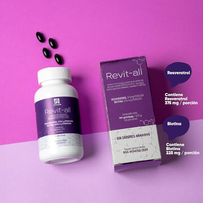 Vithani Revit-All | Resveratrol 375 mg &amp Biotin 225 mcg per Serving | 100 Gelatin Chews (50 Servings) | No Added Flavors