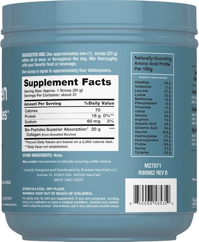 NeoCell Collagen Bio-Peptides Powder | 22oz | Super Hair Skin and Nails | Superior Absorption | Grassfed Protein Supplement | Advanced with 18 Essential Amino Acids