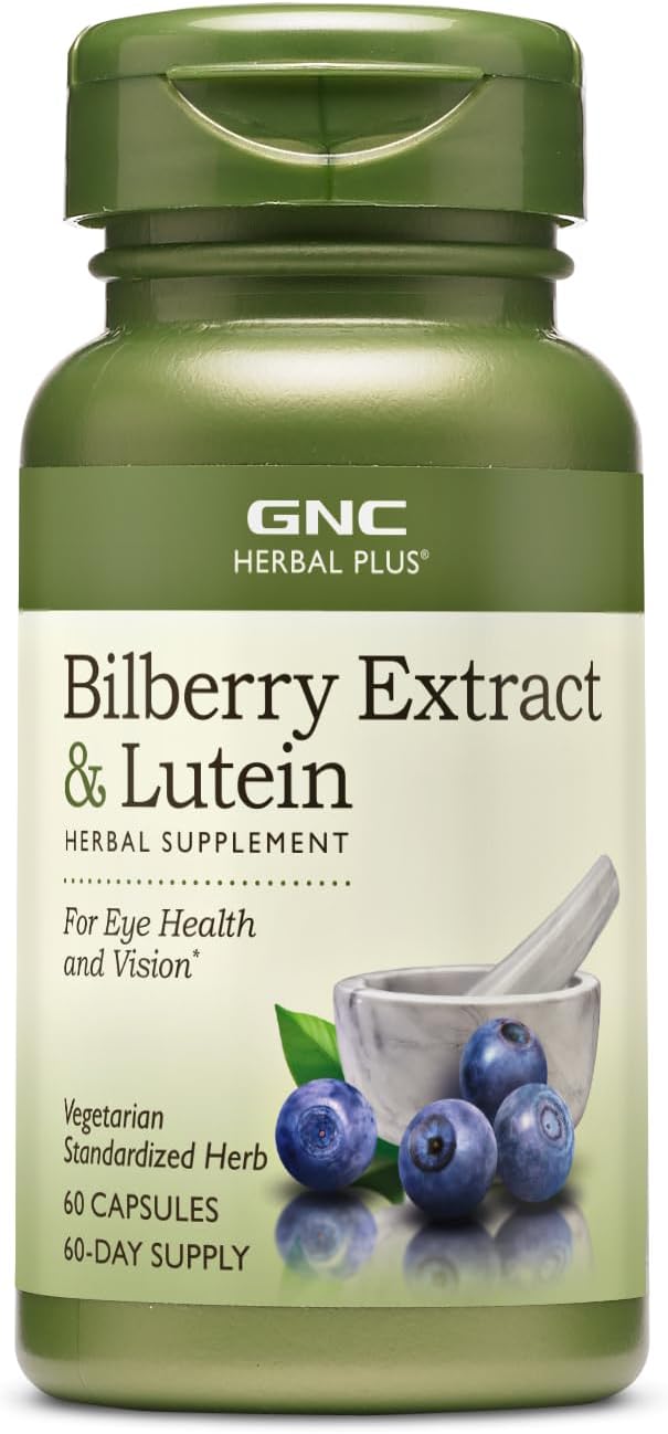 GNC Herbal Plus Bilberry Extract and Lutein Supplement Vegetarian Supports Eye and Vision Health 60 Servings