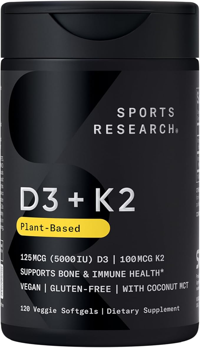 Sports Research Vitamin D3 with K2 Softgels - Plant Based K2 &amp Vegan D3 5000iu with Coconut MCT Oil - Vegan Certified Soy &amp Gluten Free - 120 Count