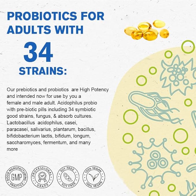 Probiotics 100 Billion CFU – 34 Strains + Organic Prebiotics – Whole Food Formula for Gut Health Immune Support &amp Digestive Balance – 2 Month Supply 120 Softgels