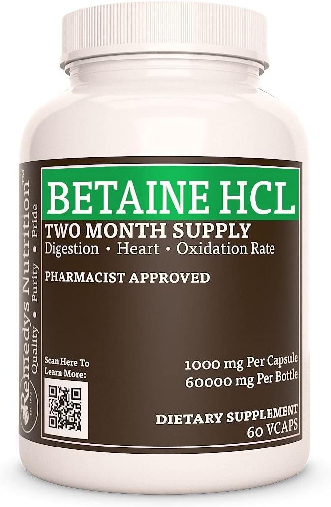 Remedy’s Nutrition Betaine HCL (Hydrochloride) | 1000 mg 60 Capsules Dietary Supplement | Two Month Supply | Also Contains Calcium Carbonate Papain &amp Bromelain