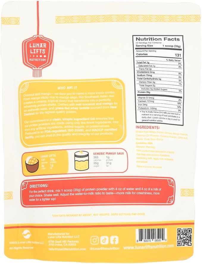 Lunar Lifts Nutrition Whey Protein Isolate Coconut Mango Cream 12.35 Ounce
