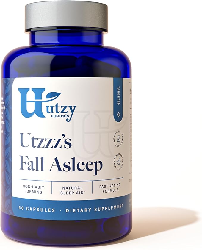 Utzy Naturals Fall Asleep | Natural Herbal Sleep Aid with Valerian Passionflower Skullcap &amp Lemonbalm | 60 Capsules