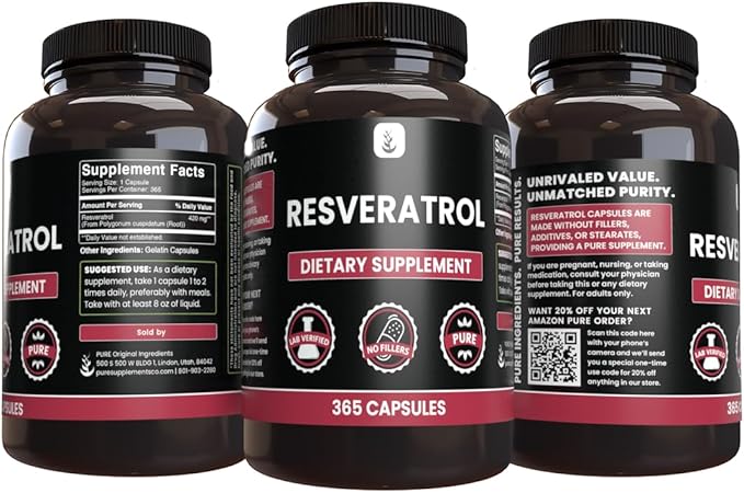 PURE ORIGINAL INGREDIENTS Resveratrol (365 Capsules) No Magnesium Or Rice Fillers Always Pure Lab Verified