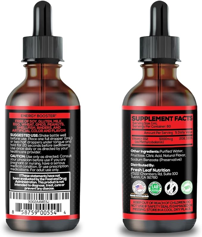 Vegan Liquid B-12 Drops – 60 x 5000 mcg with Vitamin D3 K2 Complex