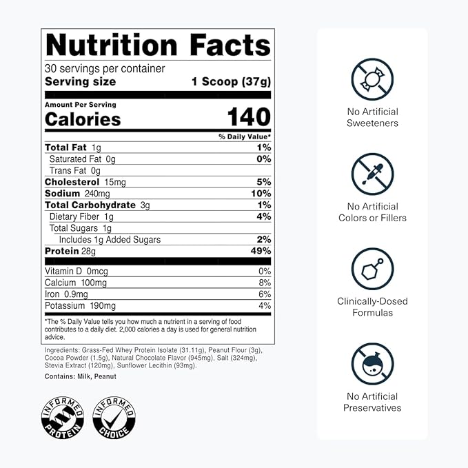 Transparent Labs Grass-Fed Whey Protein Isolate - Naturally Flavored Gluten Free Whey Protein Powder with 28g of Protein per Serving &amp 9 Amino Acids - 30 Servings Chocolate Peanut Butter