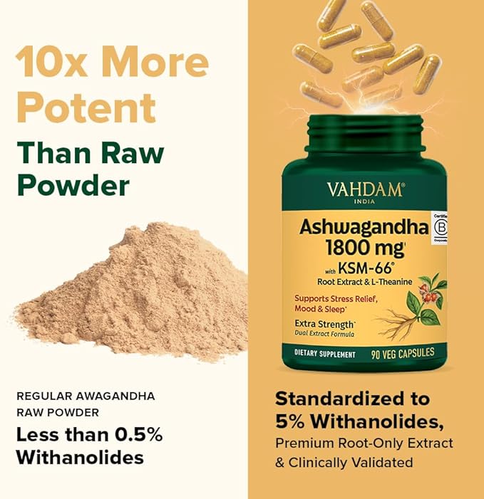 VAHDAM Ashwagandha Supplement 1800mg with Ashwagandha Root Extract and L-Theanine | Support Stress Relief Mood and Sleep | 90 Capsules