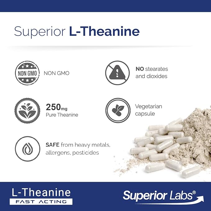 Superior Labs L-Theanine 250 mg Capsules Non-GMO Promotes Non Drowsy Relaxation &amp Helps Ease Everyday Stress Supports Healthy Sleep Promotes a Focused Mind High Absorption 90 Veg Caps