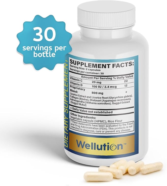 WELLUTION Bone Strength &amp Growth Support for Kids &amp Teens – Calcium Collagen Vitamin D3 &amp Herbal Blend – 60 Capsules Non-GMO Gluten-Free Made in USA