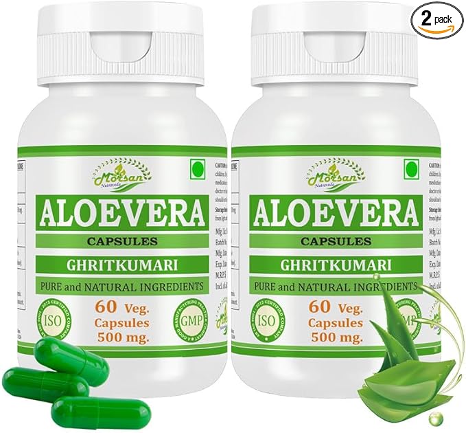 Aloe Vera Capsules | 100% Pure &amp Natural Herbal Supplement | Supports Skin Health Digestion &amp Immunity | Ayurvedic Wellness(Pack of 2)