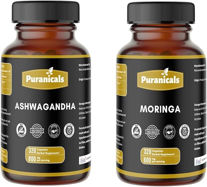 Ashwagandha 320 Capsules &amp Moringa 320 Capsules – Herbal Dietary Supplement | Easy Daily Use | Non-GMO Ingredients No Artificial Colors | Capsules Combo Pack