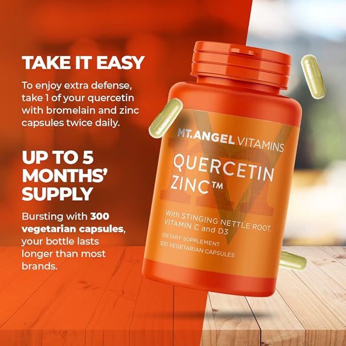 Mt. Angel Vitamins - Zinc Quercetin with Bromelain Supplement – Immune Support &amp Respiratory Health - Quercetin 500mg Capsules | Zinc 50mg | Vitamin C Capsules | Immune Booster for Adults - 300ct.