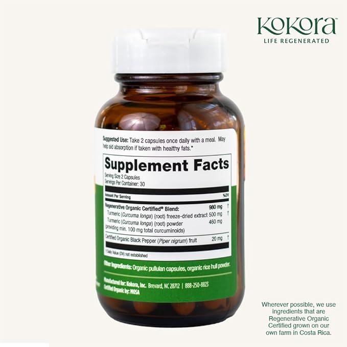 Regenerative Turmeric - Regenerative Organic Certified - Curcumin for Joint Health &amp Mobility Physical Discomfort- Containing Curcuminoids -Vegan Non-GMO - 60 Capsules - 30 Servings