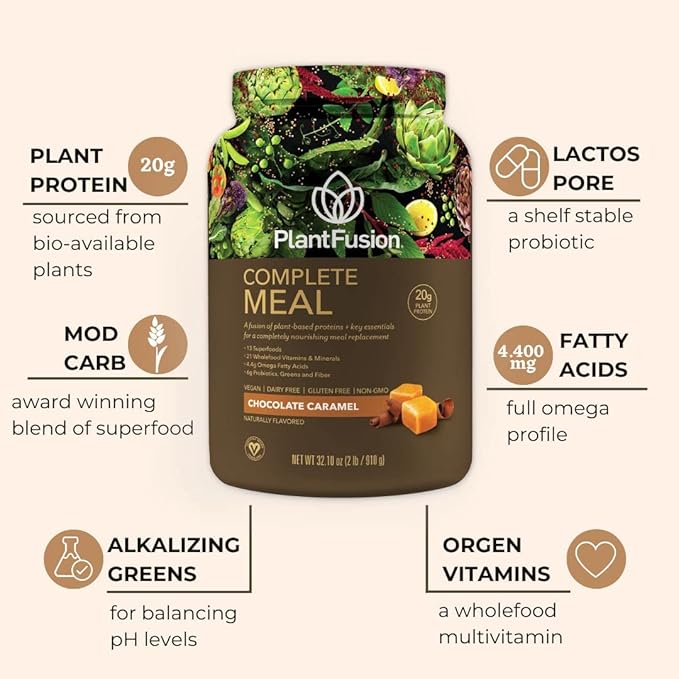PlantFusion Complete Meal Replacement Shake - Plant Based Protein Powder with Superfoods Greens &amp Probiotics - Vegan Gluten Free Soy Free Non-Dairy No Sugar Non-GMO - Chocolate Caramel 1 lb